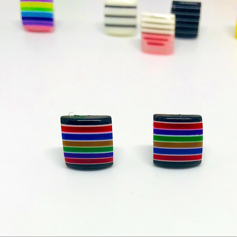 Rainbow Multi Color Minimalist Repurposed Vintage Striped Bead Stud Earrings